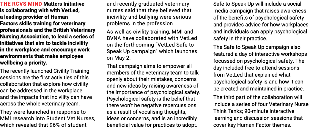 The RCVS Mind Matters Initiative is collaborating with with VetLed, a leading provider of Human Factors skills traini   
