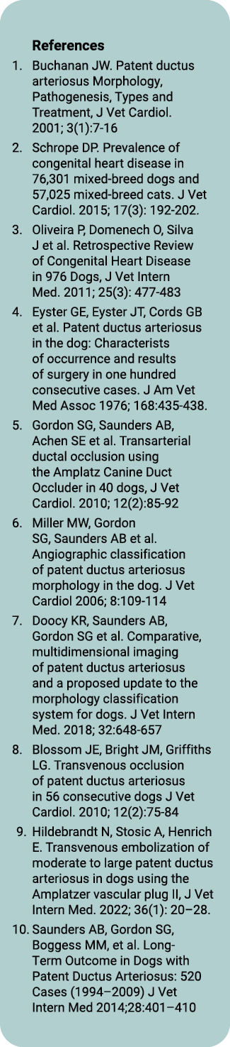  References 1  Buchanan JW  Patent ductus arteriosus Morphology, Pathogenesis, Types and Treatment, J Vet Cardiol  20   