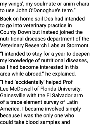 my wings , my soulmate or anim chara to use John O Donoghue s term   Back on home soil Des had intended to go into ve   