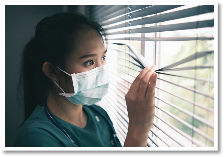 Asian female healthcare worker doctor nurse surgeon wearing protective surgical mask corona covid-19 virus prevention, feeling worried anxious anxiety traumatized scared, medical stress at hospital