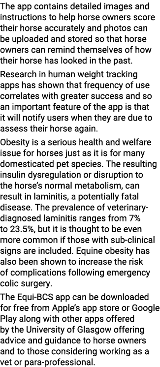 The app contains detailed images and instructions to help horse owners score their horse accurately and photos can be   