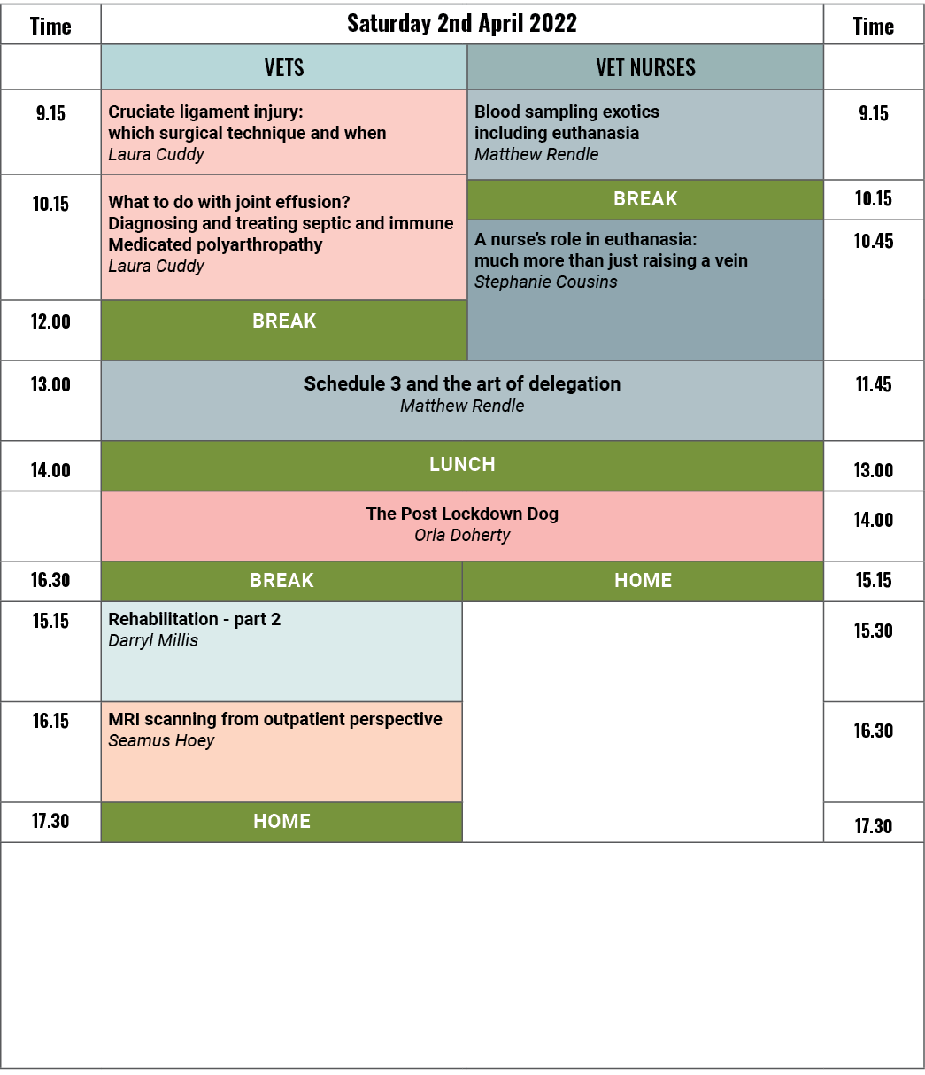 Time,Saturday 2nd April 2022,Time,,Vets,vet nurses,,9 15,Cruciate ligament injury: which surgical technique and when    