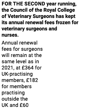 For the second year running, the Council of the Royal College of Veterinary Surgeons has kept its annual renewal fees   