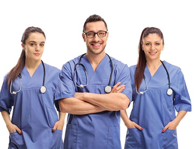Team of young healthcare workers in blue uniforms isolated on white background
