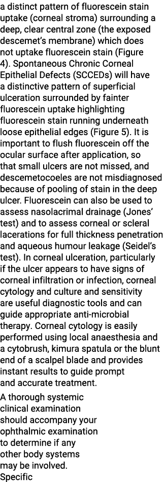 a distinct pattern of fluorescein stain uptake (corneal stroma) surrounding a deep, clear central zone (the exposed d   
