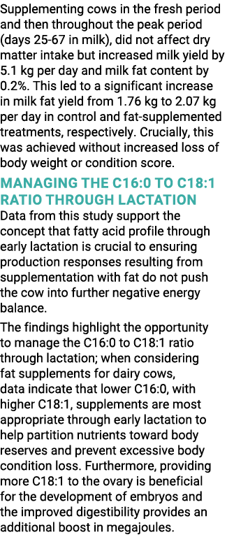 Supplementing cows in the fresh period and then throughout the peak period (days 25-67 in milk), did not affect dry m   