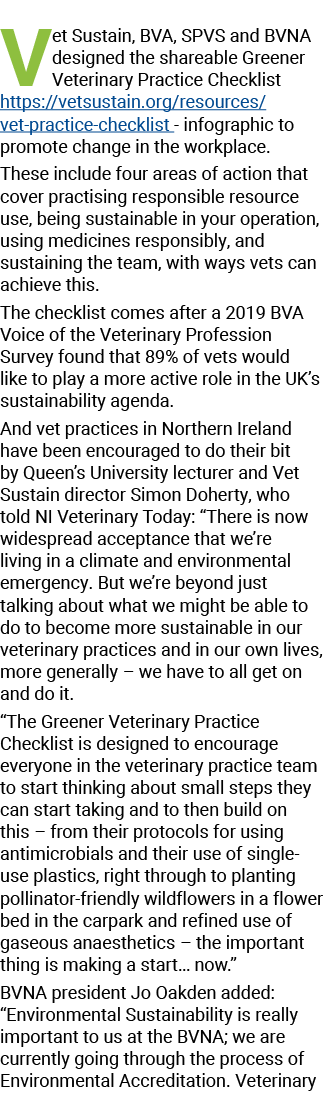 Vet Sustain, BVA, SPVS and BVNA designed the shareable Greener Veterinary Practice Checklist  https:  vetsustain org    