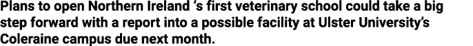 Plans to open Northern Ireland  s first veterinary school could take a big step forward with a report into a possible   
