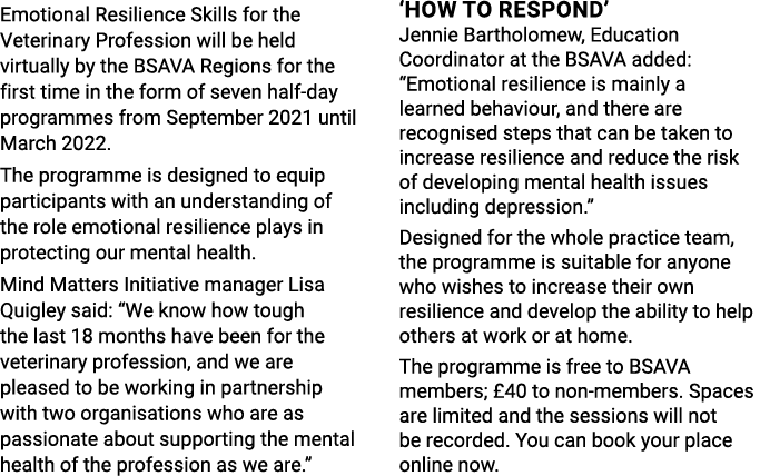 Emotional Resilience Skills for the Veterinary Profession will be held virtually by the BSAVA Regions for the first t   
