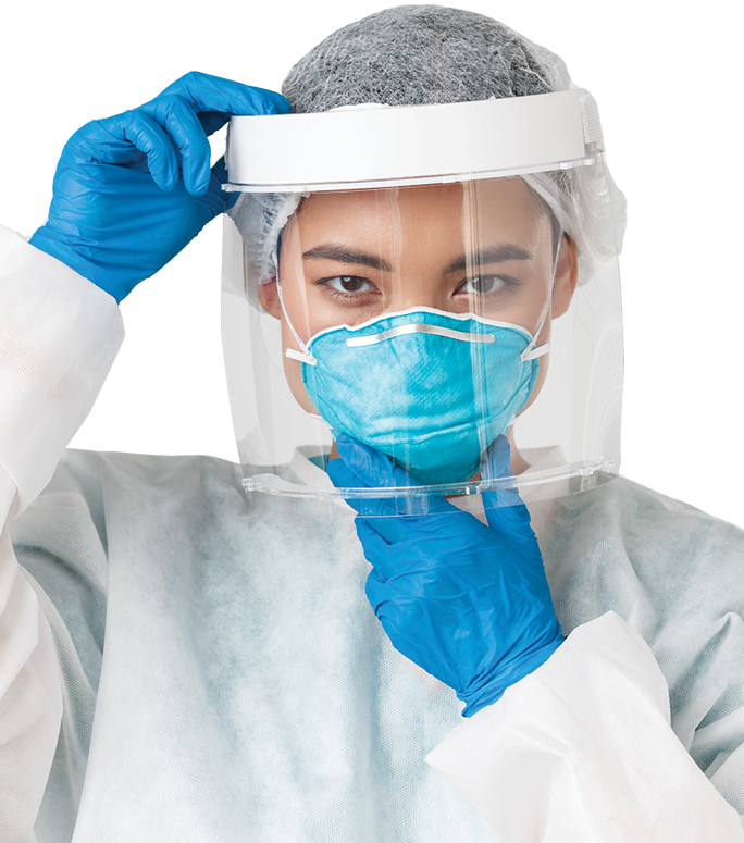 Covid-19, coronavirus disease, healthcare workers concept  Confident serious-looking female asian doctor, put on face shield and respirator, personal protective equipment, white background 