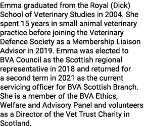 Emma graduated from the Royal (Dick) School of Veterinary Studies in 2004  She spent 15 years in small animal veterin   