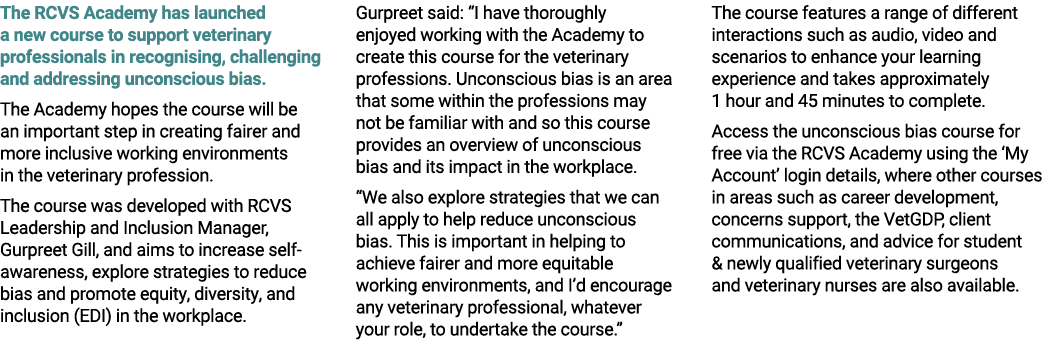 The RCVS Academy has launched a new course to support veterinary professionals in recognising, challenging and addres...