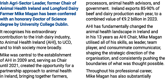Irish Agri Sector Leader, former Chair of Animal Health Ireland and Longford Dairy Farmer Mike Magan has been conferr...