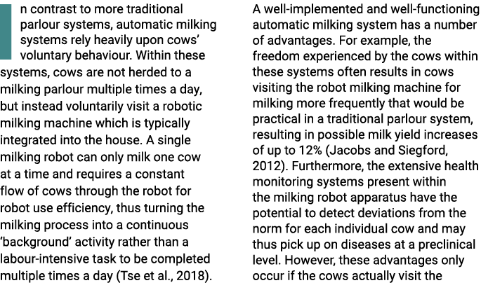 I n contrast to more traditional parlour systems, automatic milking systems rely heavily upon cows’ voluntary behavio...