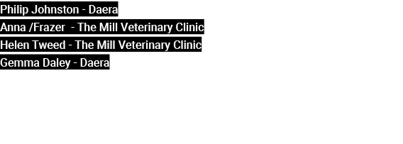Philip Johnston Daera Anna /Frazer The Mill Veterinary Clinic Helen Tweed The Mill Veterinary Clinic Gemma Daley Daera 