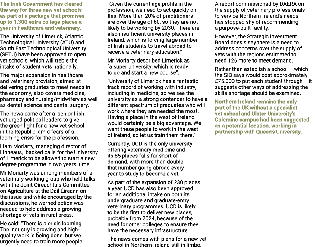 The Irish Government has cleared the way for three new vet schools as part of a package that promises up to 1,300 ext...