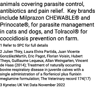 animals covering parasite control, antibiotics and pain relief. Key brands include Milprazon CHEWABLE® and Prinocate®...