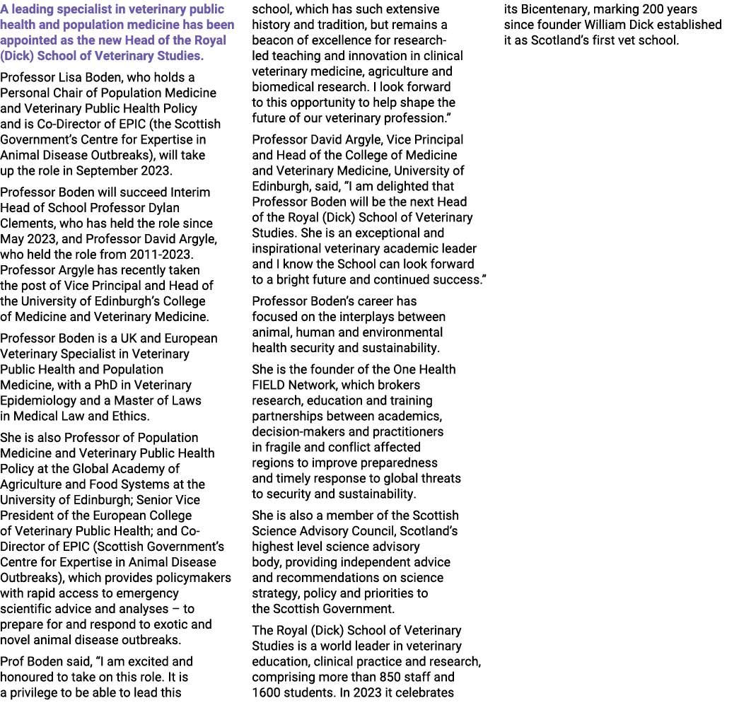 A leading specialist in veterinary public health and population medicine has been appointed as the new Head of the Ro...