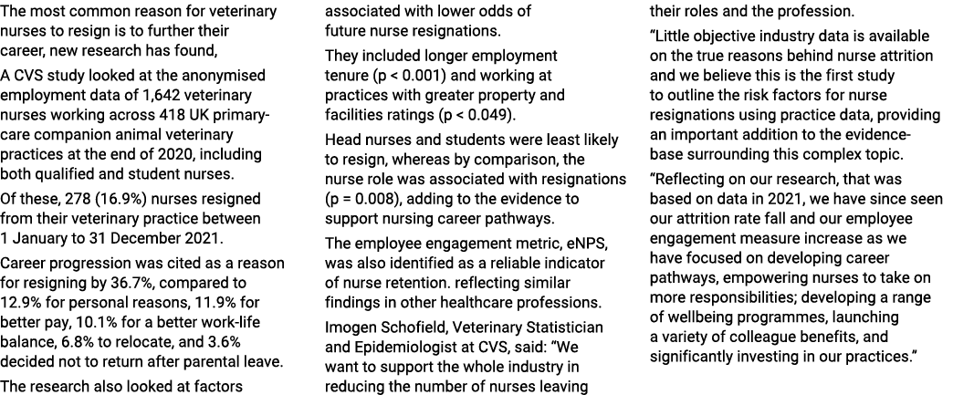 The most common reason for veterinary nurses to resign is to further their career, new research has found, A CVS stud...