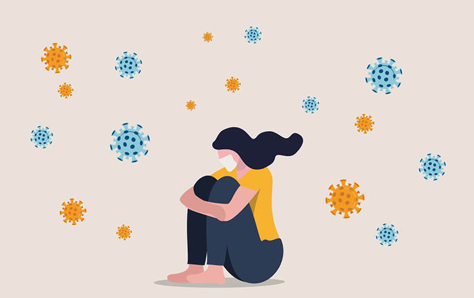 Solitude and depression from social distancing, isolated stay home alone in COVID-19 coronavirus crisis, anxiety from virus infection, Sad unhappy depressed girl sit alone with virus pathogens