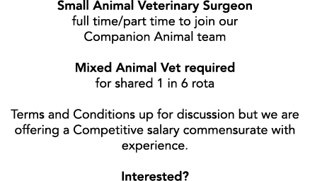 Small Animal Veterinary Surgeon full time part time to join our Companion Animal team Mixed Animal Vet required for s   