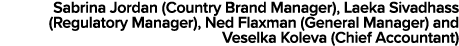 Sabrina Jordan (Country Brand Manager), Laeka Sivadhass (Regulatory Manager), Ned Flaxman (General Manager) and Vesel   