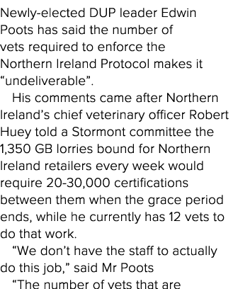 Newly-elected DUP leader Edwin Poots has said the number of vets required to enforce the Northern Ireland Protocol ma   