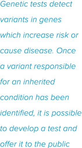 Genetic tests detect variants in genes which increase risk or cause disease  Once a variant responsible for an inheri   