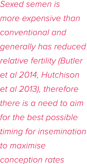 Sexed semen is more expensive than conventional and generally has reduced relative fertility (Butler et al 2014, Hutc   