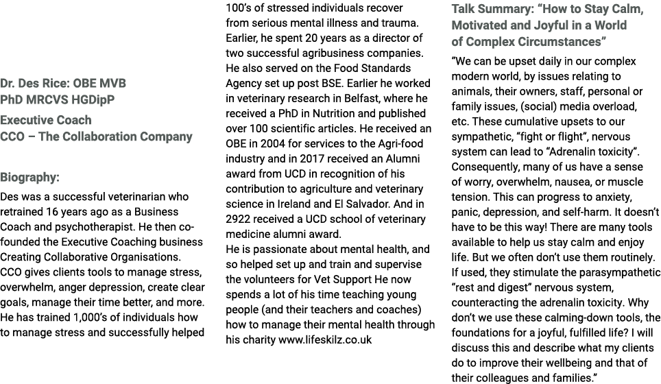 Dr. Des Rice: OBE MVB PhD MRCVS HGDipP Executive Coach CCO – The Collaboration Company Biography: Des was a successfu...