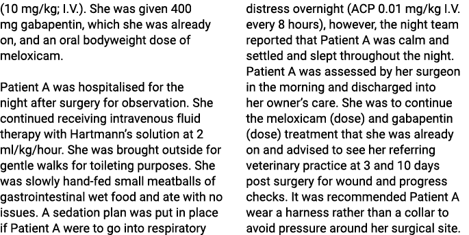 (10 mg/kg; I.V.). She was given 400 mg gabapentin, which she was already on, and an oral bodyweight dose of meloxicam...