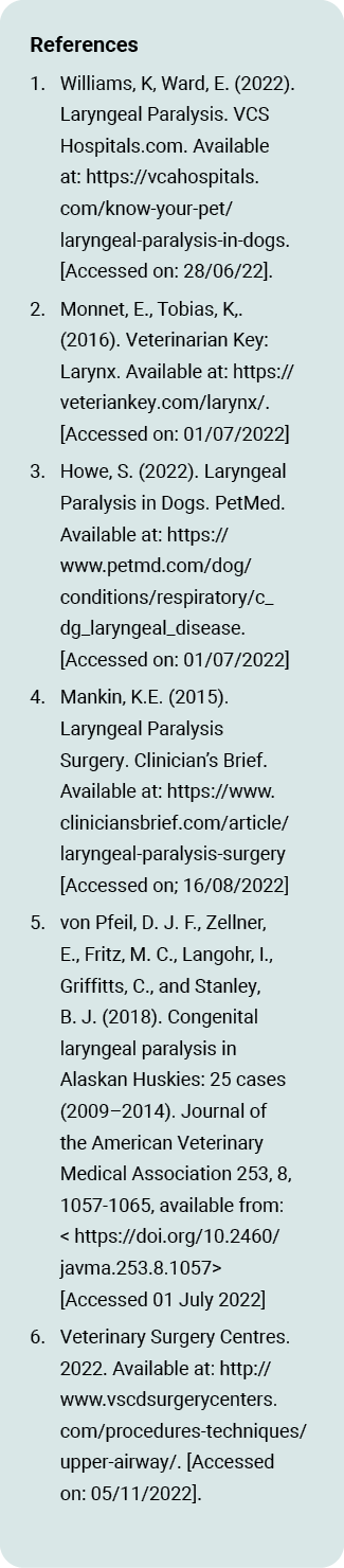 References 1. Williams, K, Ward, E. (2022). Laryngeal Paralysis. VCS Hospitals.com. Available at: https://vcahospital...