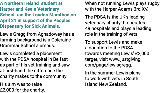 A Northern Ireland  student at Harper and Keele Veterinary School ran the London Marathon on April 21 in support of t...