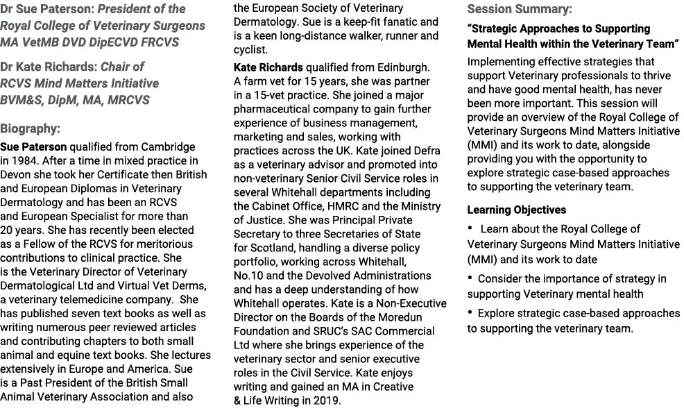 Dr Sue Paterson: President of the Royal College of Veterinary Surgeons MA VetMB DVD DipECVD FRCVS Dr Kate Richards: C...