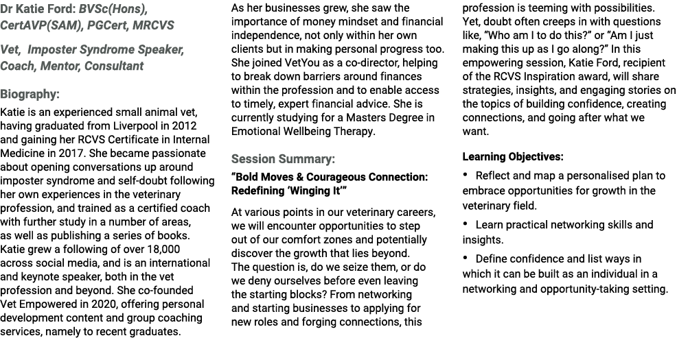 Dr Katie Ford: BVSc(Hons), CertAVP(SAM), PGCert, MRCVS Vet, Imposter Syndrome Speaker, Coach, Mentor, Consultant Biog...