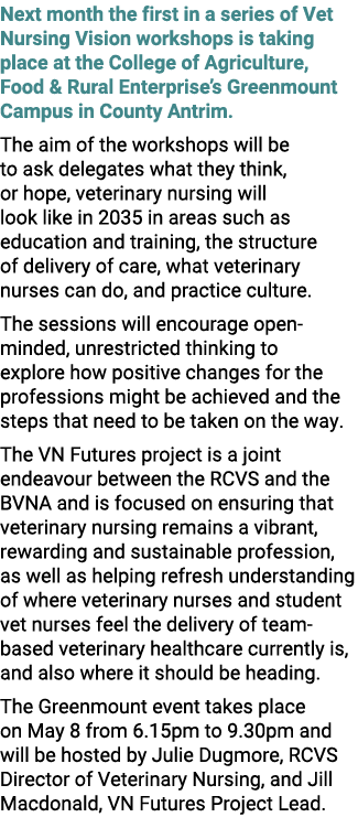Next month the first in a series of Vet Nursing Vision workshops is taking place at the College of Agriculture, Food ...