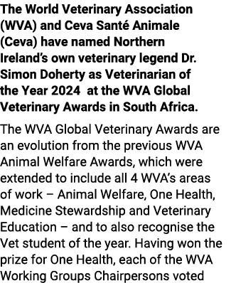 The World Veterinary Association (WVA) and Ceva Sant Animale (Ceva) have named Northern Ireland’s own veterinary leg...