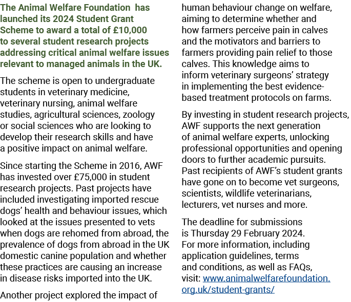 The Animal Welfare Foundation has launched its 2024 Student Grant Scheme to award a total of £10,000 to several stude...