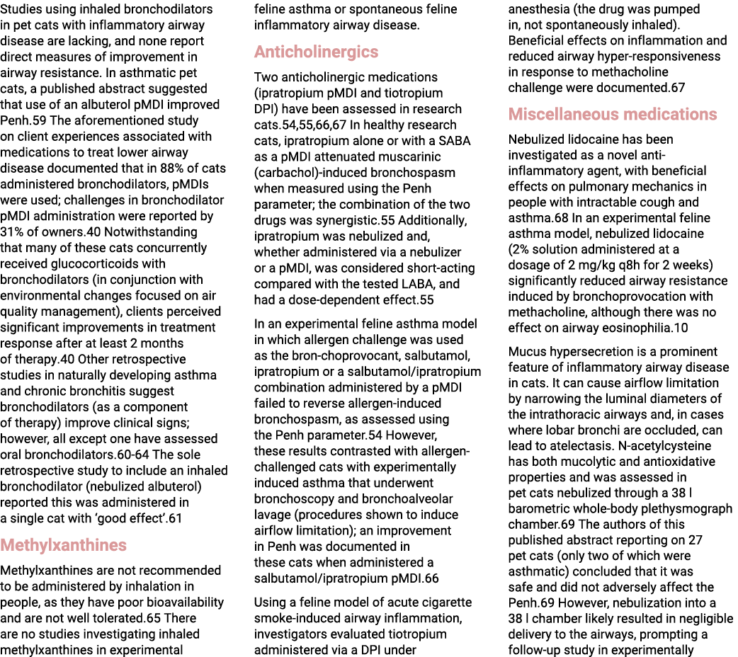 Studies using inhaled bronchodilators in pet cats with inflammatory airway disease are lacking, and none report direc...