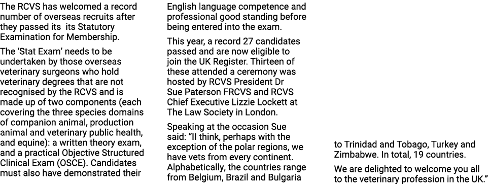 The RCVS has welcomed a record number of overseas recruits after they passed its its Statutory Examination for Member...