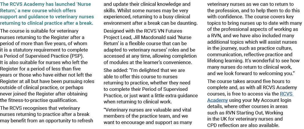 The RCVS Academy has launched ‘Nurse Return,’ a new course which offers support and guidance to veterinary nurses ret...