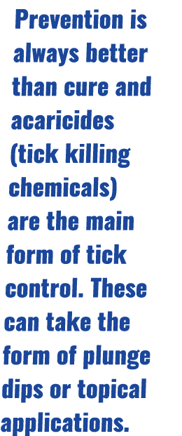 Prevention is always better than cure and acaricides (tick killing chemicals) are the main form of tick control. Thes...