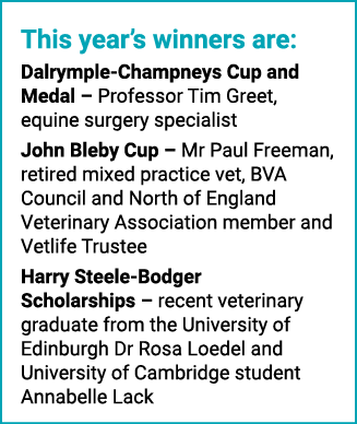 This year’s winners are: Dalrymple-Champneys Cup and Medal – Professor Tim Greet, equine surgery specialist John Bleb...