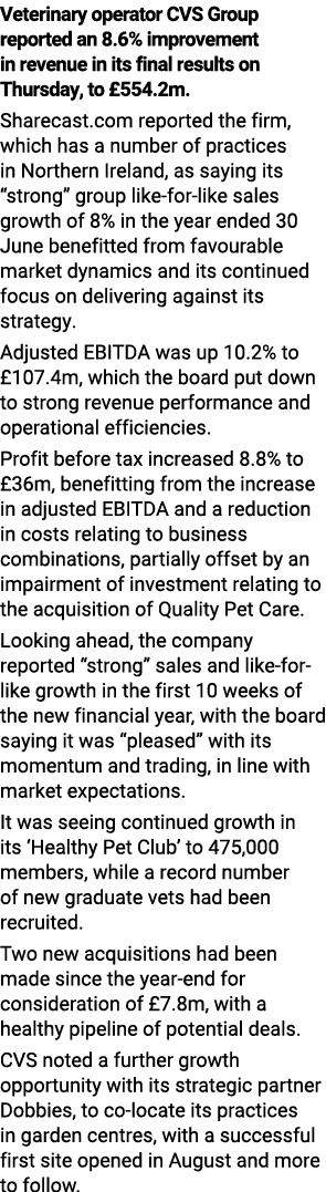 Veterinary operator CVS Group reported an 8.6% improvement in revenue in its final results on Thursday, to £554.2m. S...