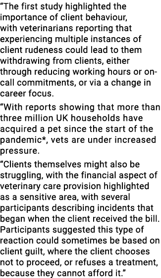 “The first study highlighted the importance of client behaviour, with veterinarians reporting that experiencing multi...