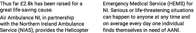Thus far £2.8k has been raised for a great life-saving cause. Air Ambulance NI, in partnership with the Northern Irel...