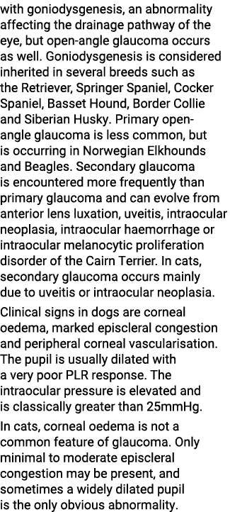 with goniodysgenesis, an abnormality affecting the drainage pathway of the eye, but open-angle glaucoma occurs as wel...