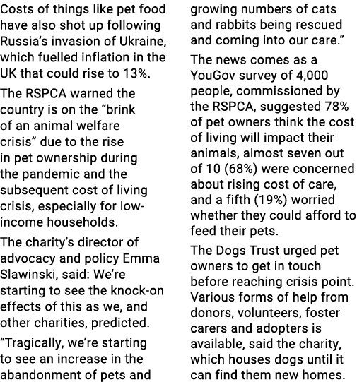 Costs of things like pet food have also shot up following Russia’s invasion of Ukraine, which fuelled inflation in th...
