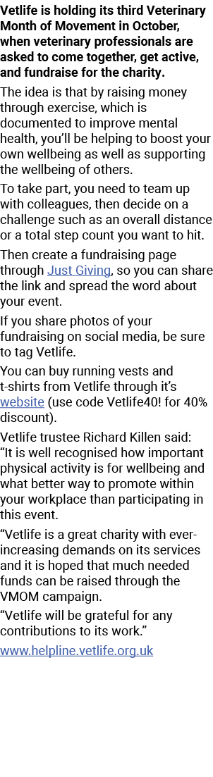 Vetlife is holding its third Veterinary Month of Movement in October, when veterinary professionals are asked to come...