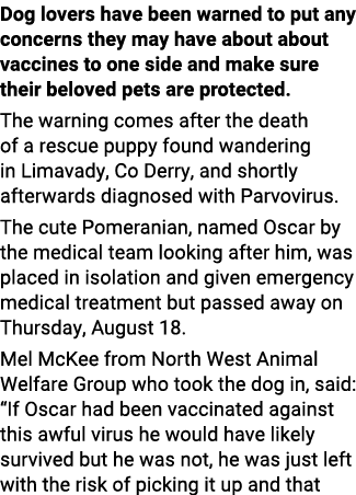 Dog lovers have been warned to put any concerns they may have about about vaccines to one side and make sure their be...